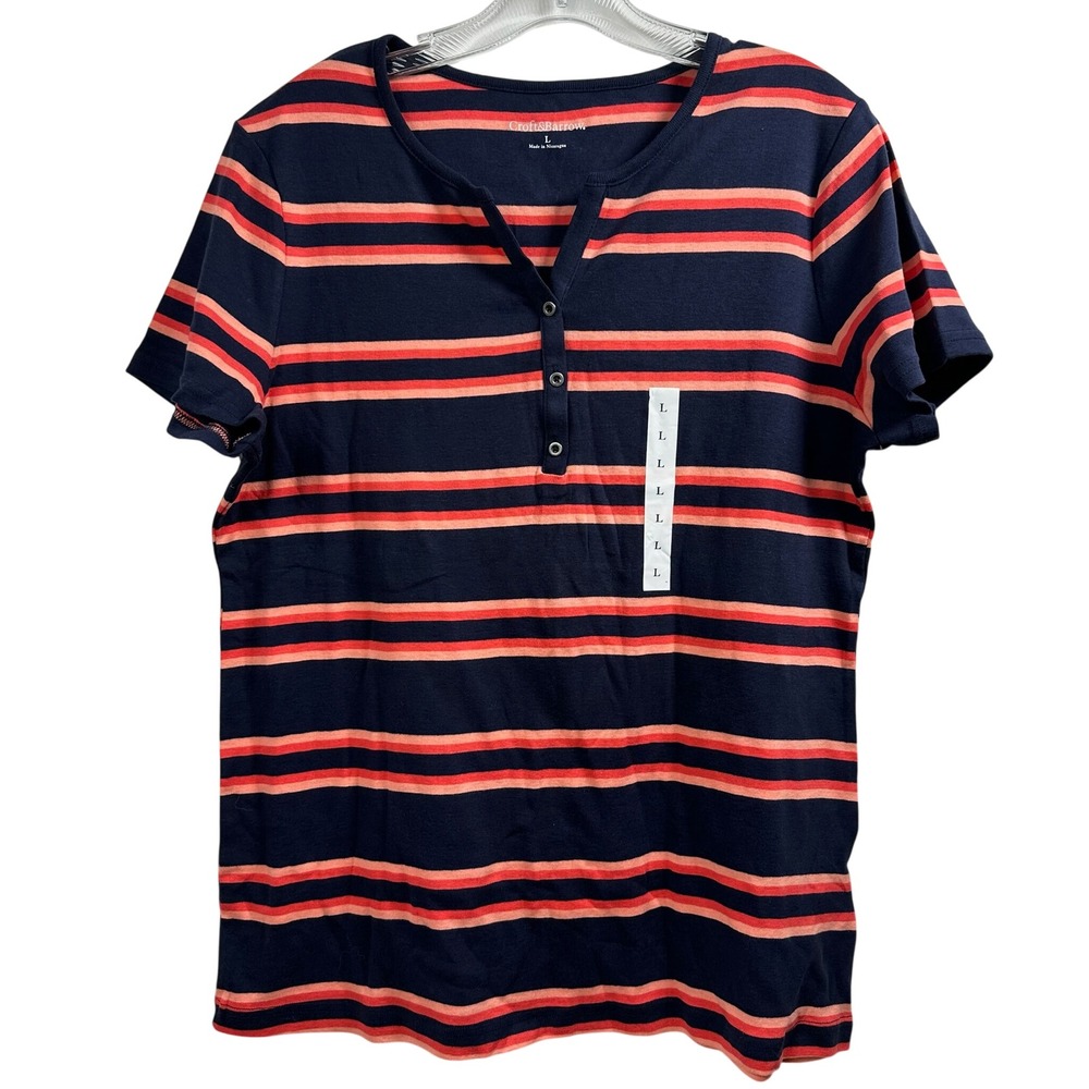 Croft & Barrow Womens Navy Blue Coral Striped Henley Short Sleeve Top Large NEW